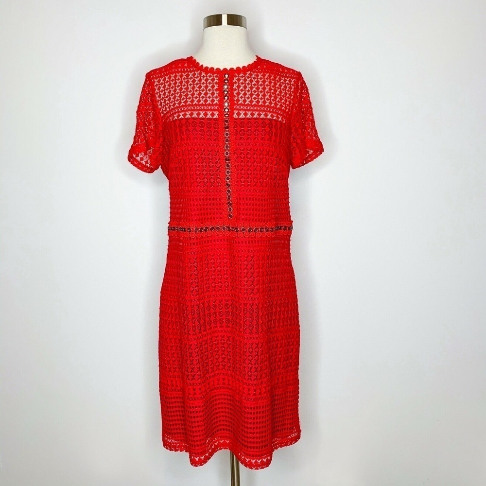 Spanner Dress Women‎ Large Red Lace Short Sleeve Lined Grommet Detail NWT